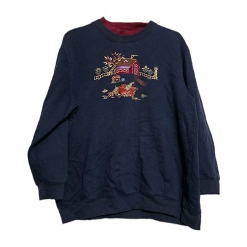 Vintage Fall Pumpkin Farm Crew Sweatshirt Womens XL Blue Cottage Grandmacore